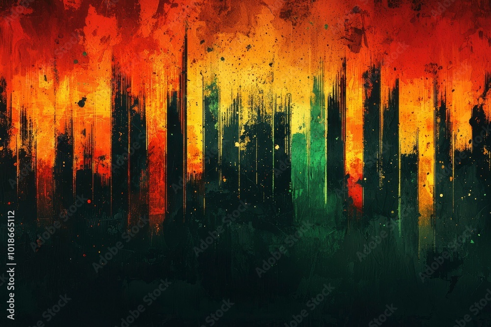 Abstract Artwork with Vertical Brushstrokes in Orange, Yellow, Green, and Black Abstract Artwork with Vertical Brushstrokes in Orange, Yellow, Green, and Black