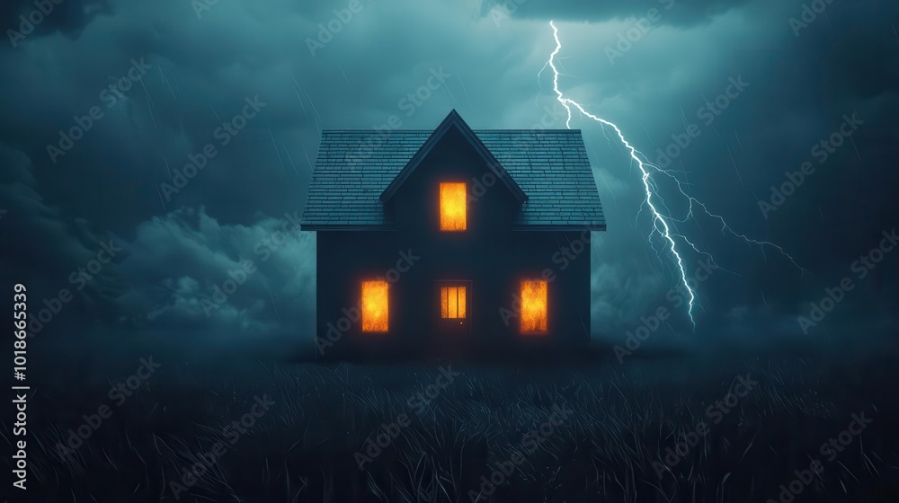 A haunted house with glowing windows in the middle of a storm, lightning striking nearby, horror scene, suspense and fear A haunted house with glowing windows in the middle of a storm, lightning striking nearby, horror scene, suspense and fear