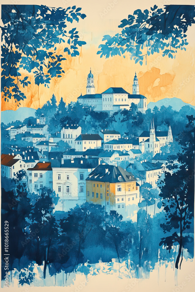 Obraz premium Ljubljana, Slovenia, color wood block print effect. Woodblock printing. Graphic designed, illustration for travel poster, card, wallpaper, backdrop or banner. Modern, clear, artistic and simple