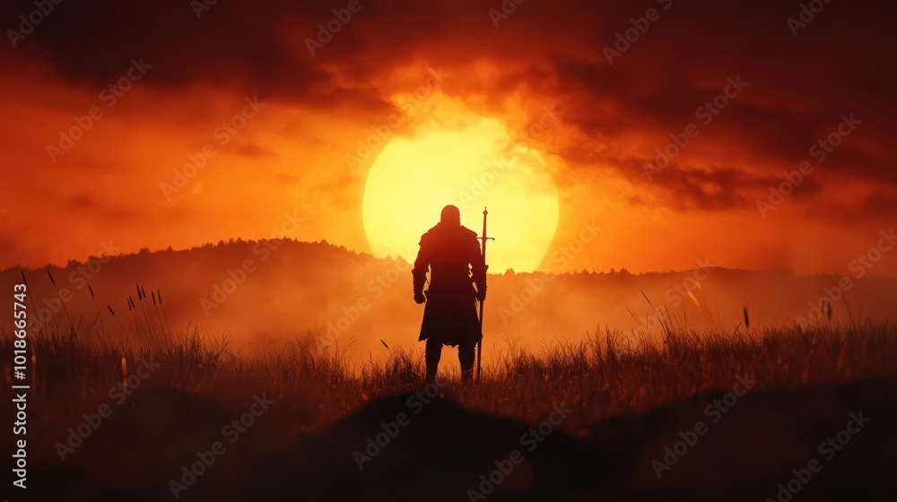 A knight standing at the edge of a battlefield at dawn, preparing for the final charge, epic battle, courage and sacrifice A knight standing at the edge of a battlefield at dawn, preparing for the final charge, epic battle, courage and sacrifice