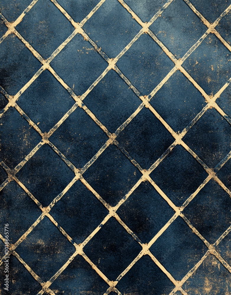 Fototapeta premium Textured blue and gold diamond pattern on a dark background.