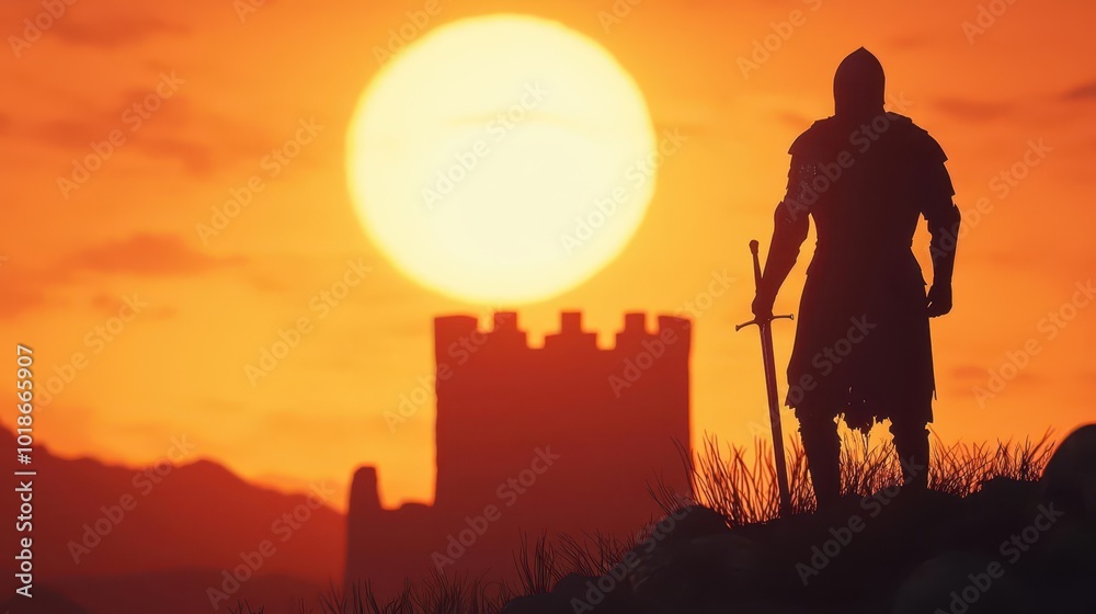 Fototapeta premium A knight standing guard before a castle gate, the sun setting behind him, medieval protection, loyalty and duty