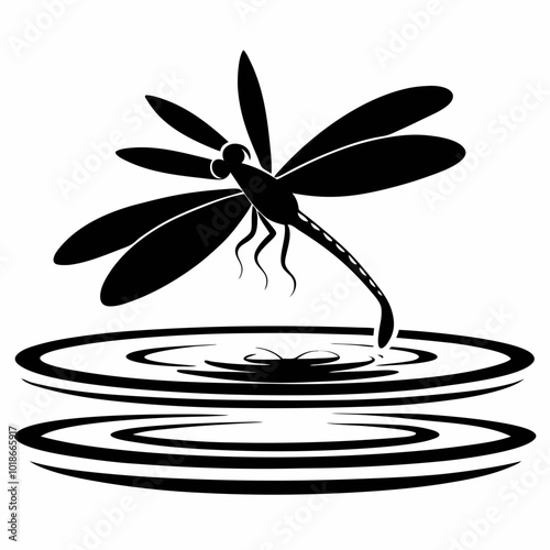 A dragonfly skimming the water surface silhouette vector illustration on white background