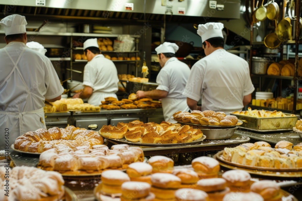 a bustling kitchen scene filled with bakers making pastries a bustling kitchen scene filled with bakers making pastries