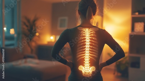 A female silhouetted figure with a glowing spine illustration in a cozy, dimly lit room.