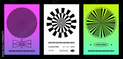 Retro Cyber Minimal Geometric posters. Circle Vintage Ray Pattern, Neo brutalism, Glitch effects, checkered Op-art illusion. Brutal Vaporwave aesthetic, Abstract prints, modern design with gradient
