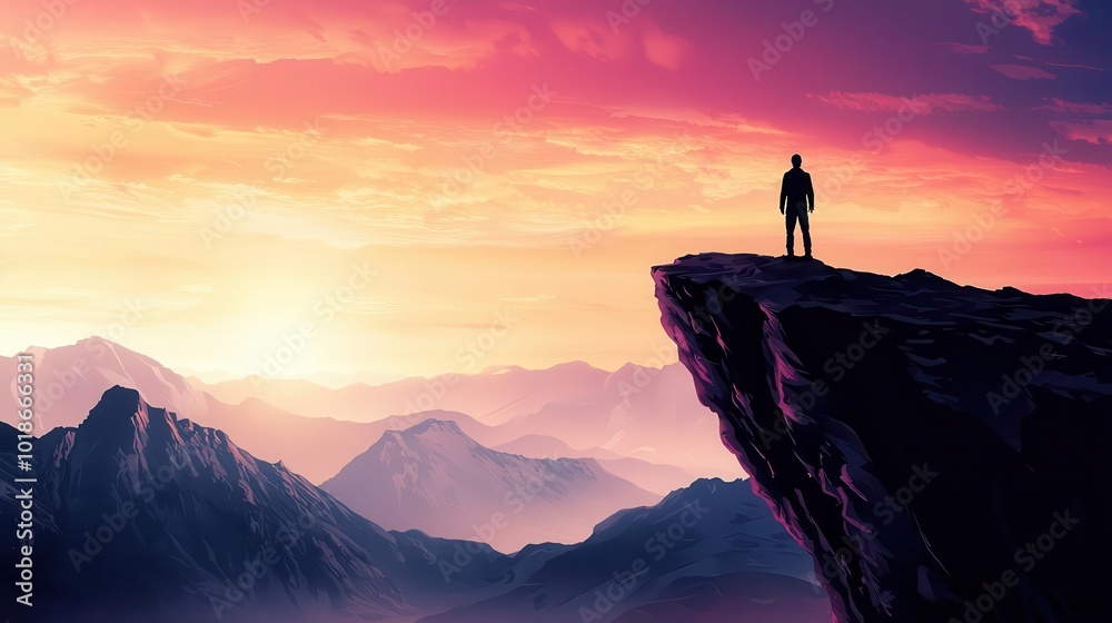 A lone traveler standing at the edge of a cliff, gazing at a vast, unknown land ahead, exploration journey, adventure and discovery A lone traveler standing at the edge of a cliff, gazing at a vast, unknown land ahead, exploration journey, adventure and discovery