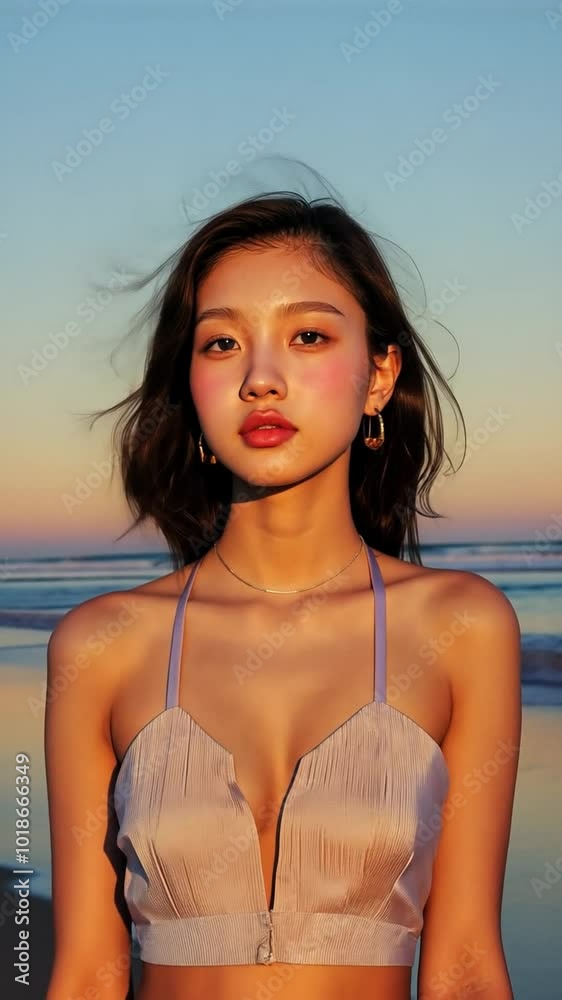 夕暮れのビーチでのモデル撮影、自然な正面からのショット 夕暮れのビーチでのモデル撮影、自然な正面からのショット