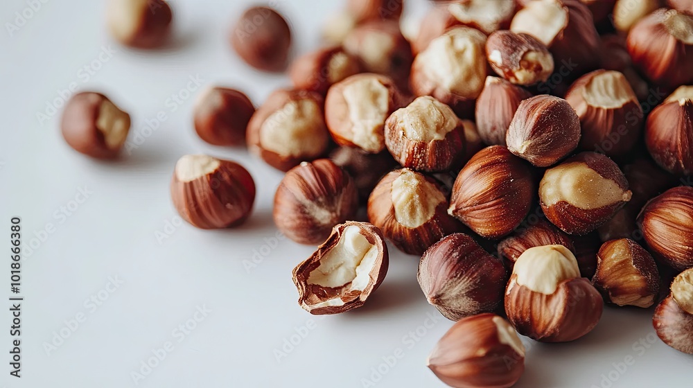 Whole and cracked hazelnuts displayed together on a plain white surface, highlighting their natural beauty. Whole and cracked hazelnuts displayed together on a plain white surface, highlighting their natural beauty.
