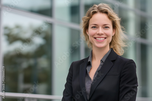 A confident businesswoman in professional attire, standing in front of a modern office building with a smile