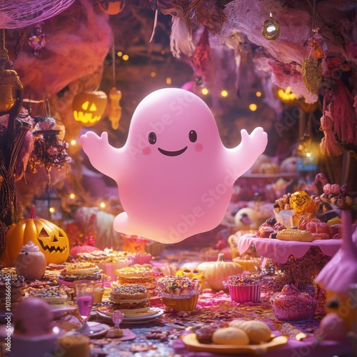 A playful pink ghost floating joyfully above a candy-filled Halloween wonderland photo