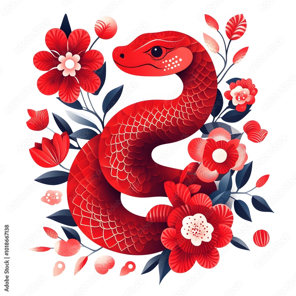 Obraz premium A red snake curled around red flowers with dark green leaves on a white background.