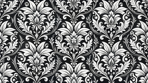 black and white seamless pattern with floral and ornamental accents