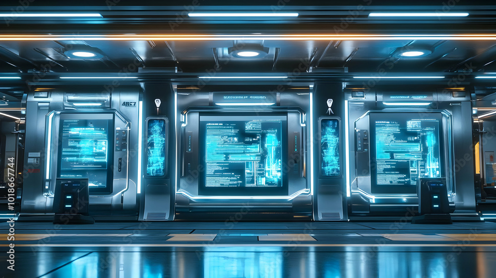 Futuristic Laboratory Interior With Glowing Panels Shows Advanced Technology in Digital Rendering Futuristic Laboratory Interior With Glowing Panels Shows Advanced Technology in Digital Rendering