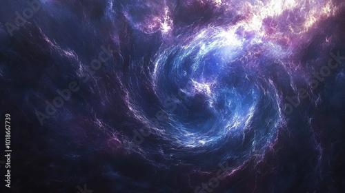 A swirling nebula with vibrant blue and purple hues