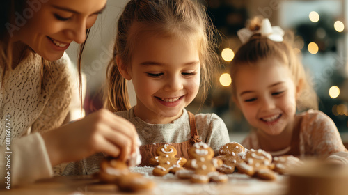 A family baking Christmas cookies together in a warm kitchen, with children decorating gingerbread men while festive music plays in the background