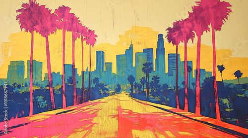 Los Angeles, California, color wood block print effect. Woodblock printing. Graphic designed, illustration for travel poster, card, wallpaper, backdrop or banner. Modern, clear, artistic and simple