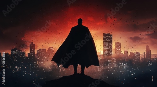 A superhero flying over a city at night, illuminated by the glow of streetlights below, heroic vigilante, protection and justice photo