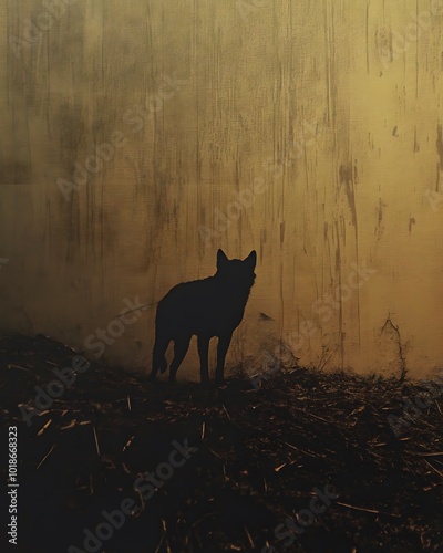 A silhouette of a wolf standing in front of a textured wall.