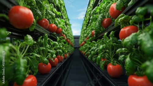 A vibrant indoor garden filled with rows of lush green plants and ripe red tomatoes under a bright blue sky.