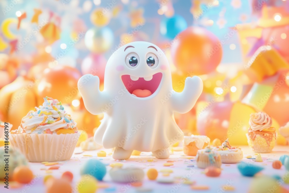 Obraz premium A playful ghost enjoys a cosmic carnival filled with sweets and joy