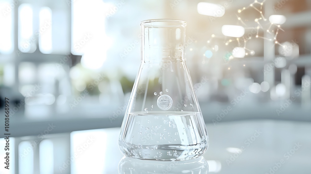 A single Erlenmeyer flask filled with clear liquid sits on a white lab counter, with a blurred background of a laboratory. A single Erlenmeyer flask filled with clear liquid sits on a white lab counter, with a blurred background of a laboratory.