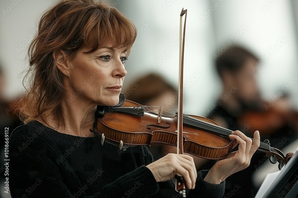 A middle-aged woman playing the violin during a musical rehearsal in a bright, modern concert hall setting with fellow musicians present A middle-aged woman playing the violin during a musical rehearsal in a bright, modern concert hall setting with fellow musicians present
