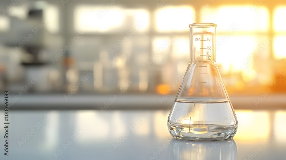 A single Erlenmeyer flask filled with clear liquid sits on a white table in a laboratory setting. A single Erlenmeyer flask filled with clear liquid sits on a white table in a laboratory setting.