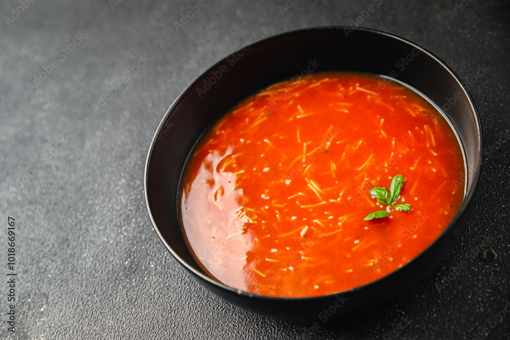 Tomato soup vermicelli gazpacho first course dish fresh gourmet food background on the table rustic food top view copy space Tomato soup vermicelli gazpacho first course dish fresh gourmet food background on the table rustic food top view copy space