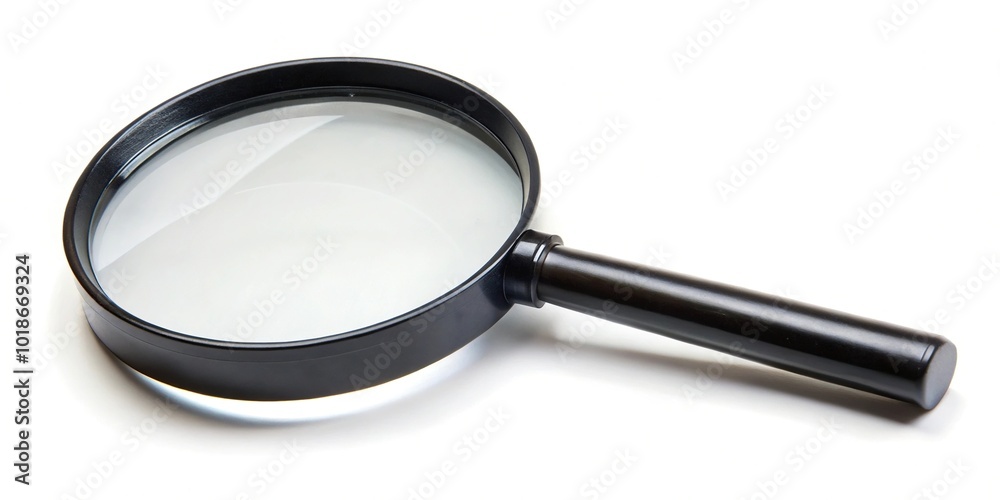 Black magnifying glass isolated on white background from top view aerial angle Black magnifying glass isolated on white background from top view aerial angle