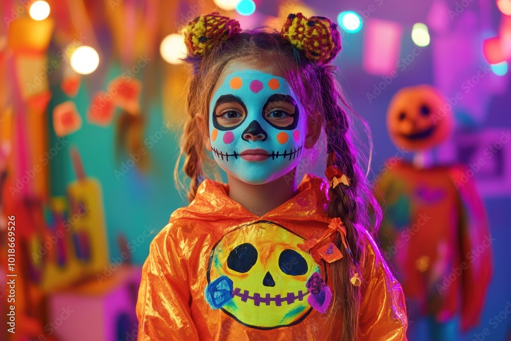 Kids showcase vibrant Halloween art at festive celebration in colorful costumes Kids showcase vibrant Halloween art at festive celebration in colorful costumes