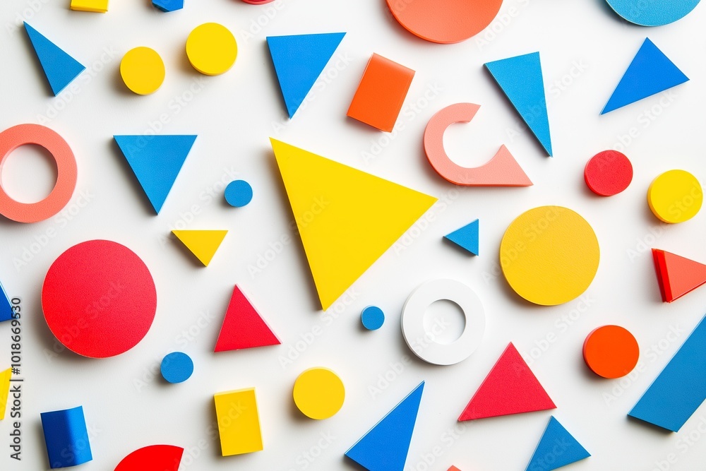 Geometric shapes in primary colors scattered on a white background, showcasing creative arrangement and visual harmony in design elements Geometric shapes in primary colors scattered on a white background, showcasing creative arrangement and visual harmony in design elements