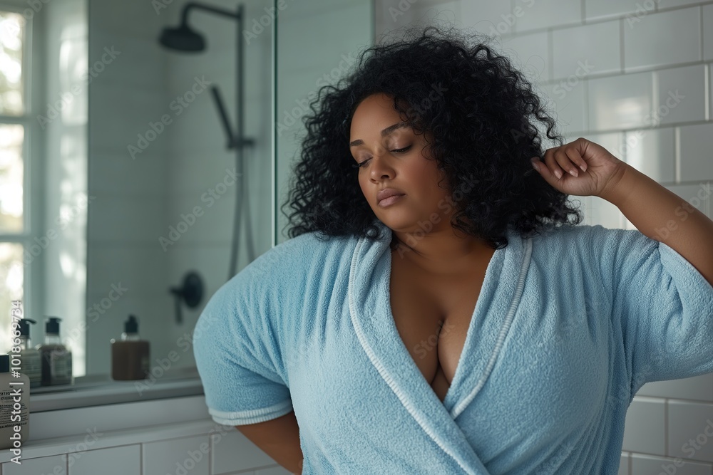 A relaxed plus-sized woman in a light blue robe poses gracefully in a modern bathroom with natural light streaming through the window