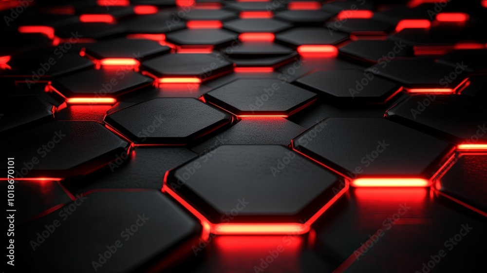 Red Neon Lights Illuminating Black Hexagon Pattern Red Neon Lights Illuminating Black Hexagon Pattern