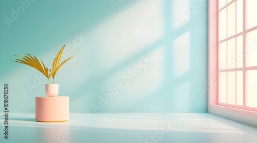 A minimalist 3D studio room setting with a dusty blue background an empty floor and wall and a sleek product podium  A soft shadow overlay stretches from the window creating a warm