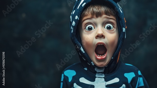 Cute little halloween boy with toy eyes looking. up and open mouth with shocked and delight copy space wearing Halloween costume skeleton on dark background with space for text . Space for advertisin