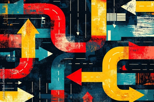 An abstract illustration of a complex road network featuring colorful diverging arrows indicating various directions
