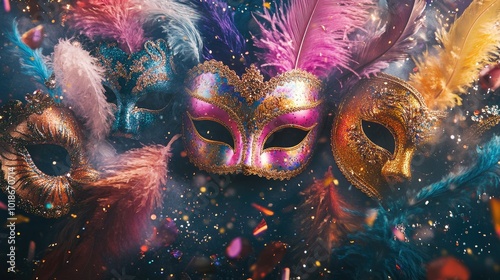 A festive flat lay of various styles of colorful carnival masks surrounded by glitter, feathers, and colorful beads, highlighting the creativity and fun of the celebration.