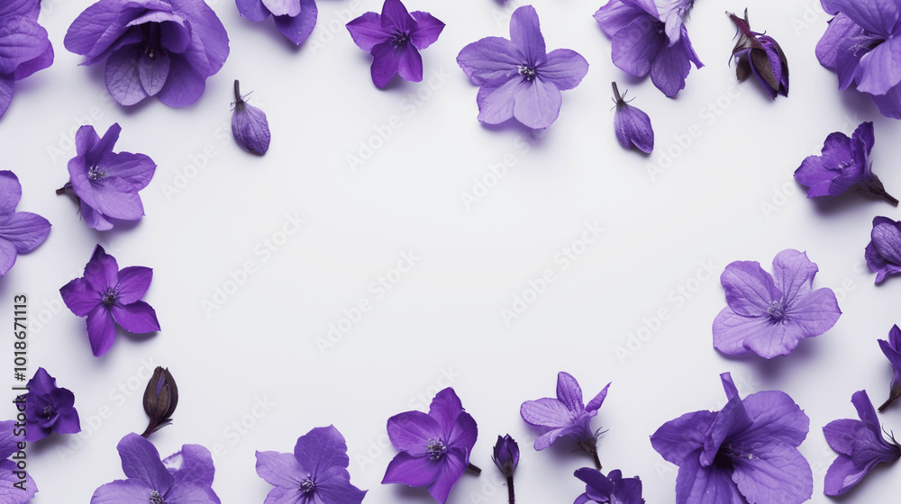 Elegant purple floral arrangement on white background with soft shadows. Empty border frame with copy space Elegant purple floral arrangement on white background with soft shadows. Empty border frame with copy space