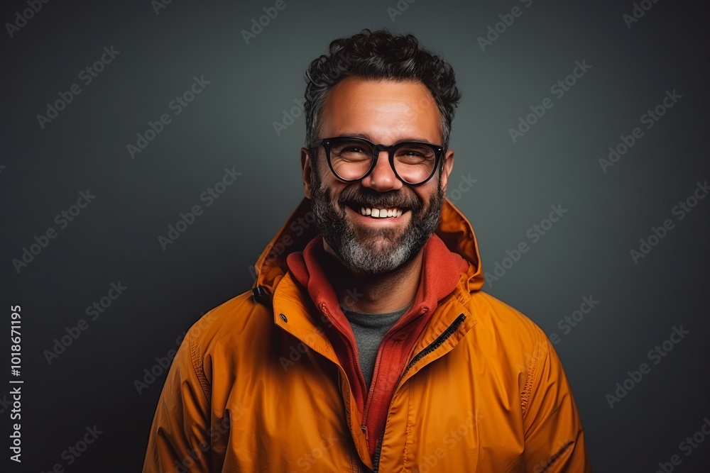 Portrait of a smiling bearded Indian man wearing orange jacket and glasses.