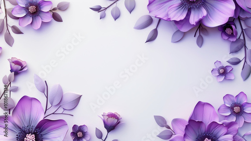 Elegant purple floral arrangement on white background with soft shadows. Empty border frame with copy space 