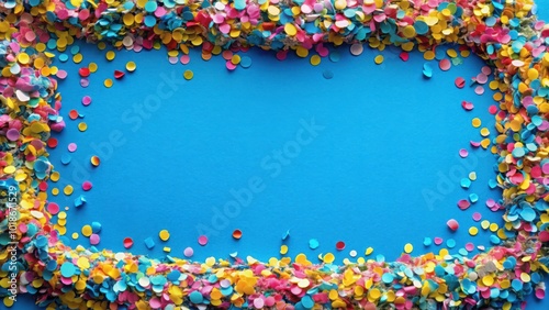 Blue background frame adorned with colorful confetti for celebration and party themes