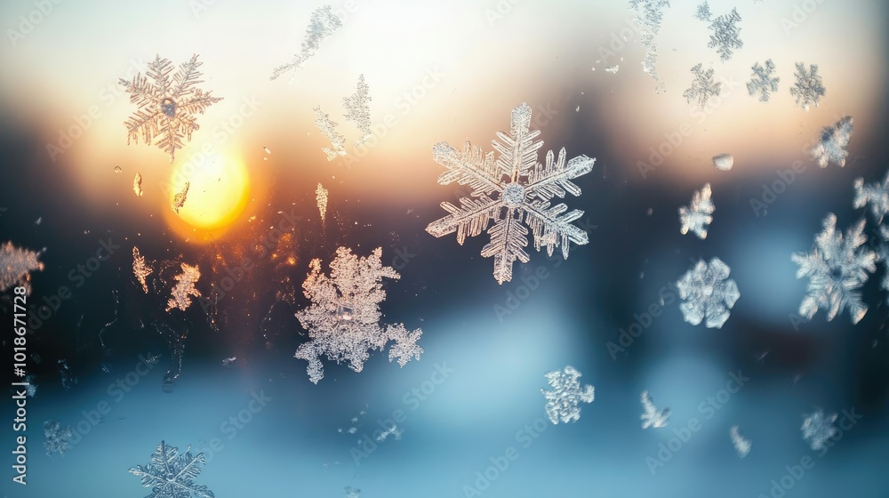 Naklejka premium A high-definition macro shot of snowflakes clinging to a cold windowpane, with the ice crystals illuminated by natural light from outside.