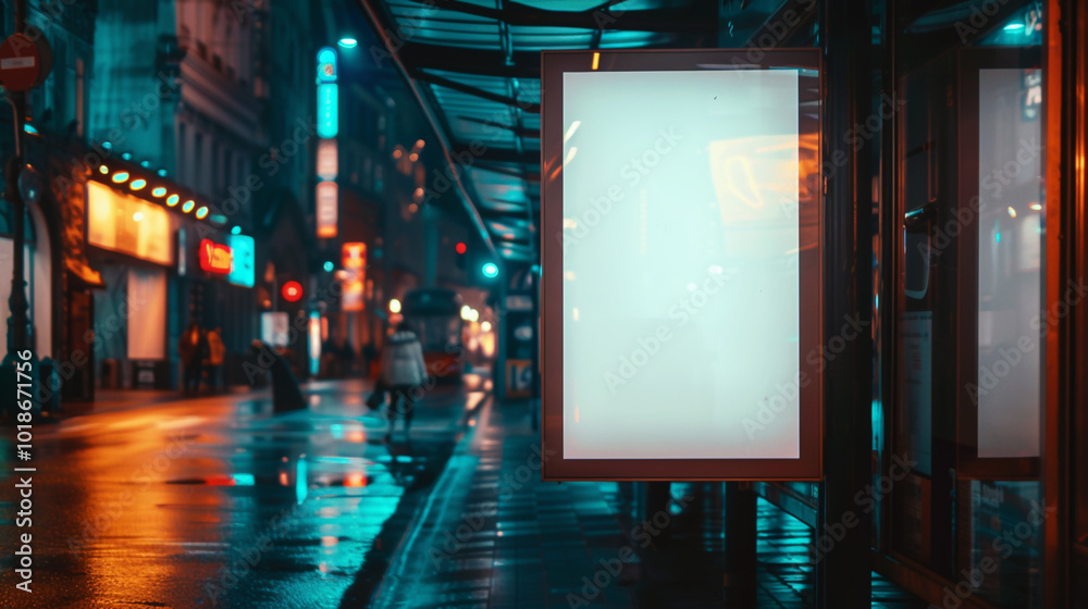 Blank illuminated bus stop billboard on empty city street at night. Empty copy space for text Blank illuminated bus stop billboard on empty city street at night. Empty copy space for text