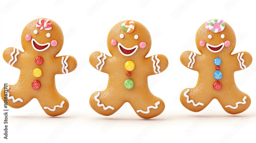 Colorful gingerbread cookies with icing details on a white background.