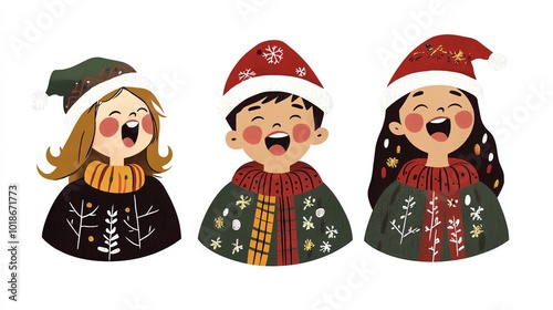 Cheerful festive children in colorful holiday attire, laughing and celebrating joyfully.