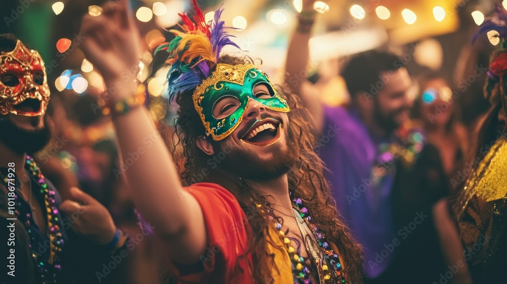 A lively scene of a group of revelers wearing mismatched colorful Mardi Gras masks, dancing together at a street festival, highlighting the fun and diversity of the event. A lively scene of a group of revelers wearing mismatched colorful Mardi Gras masks, dancing together at a street festival, highlighting the fun and diversity of the event.