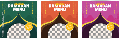 3 set feed template ramadan food menu, green background for social media