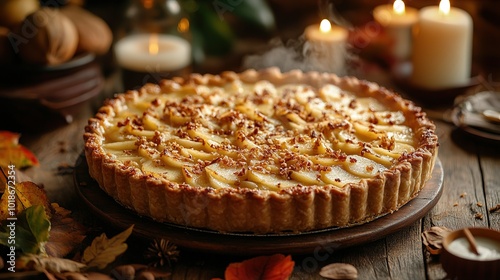 Apple pie decorated with lattice overhead shot, fall baking concept photo