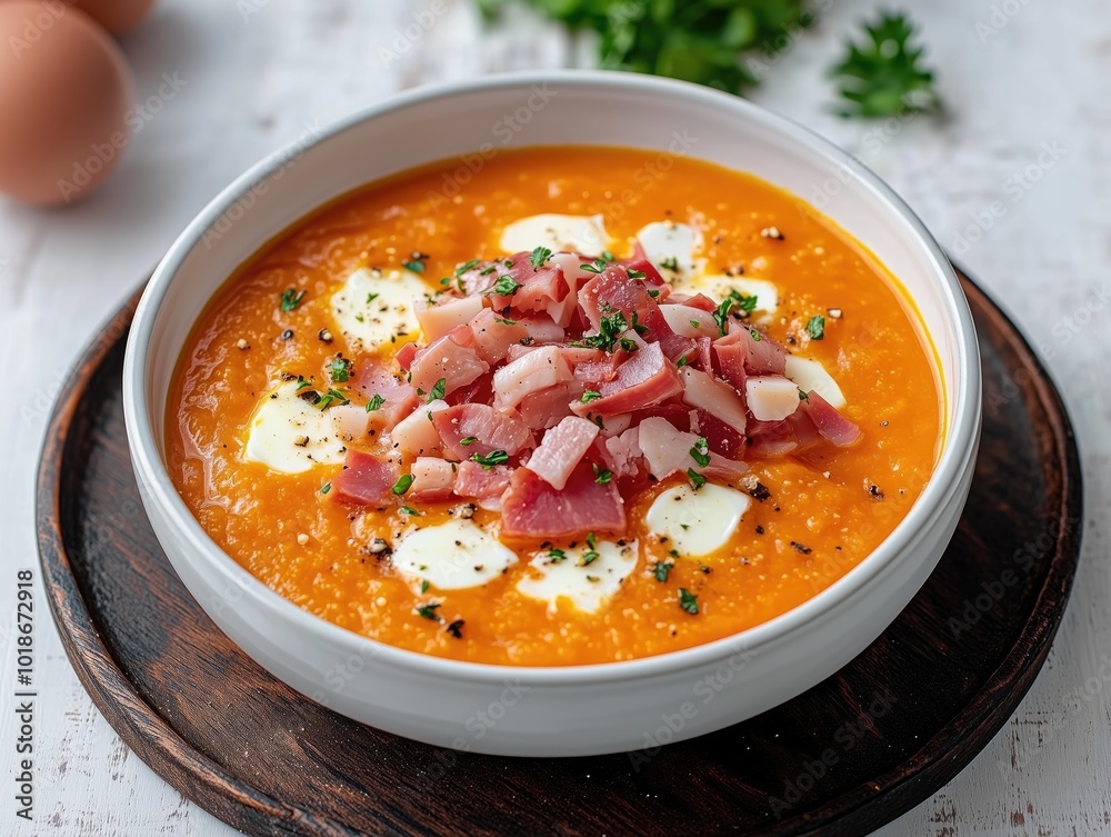 Presentation of salmorejo with jamón serrano and hard-boiled egg Presentation of salmorejo with jamón serrano and hard-boiled egg